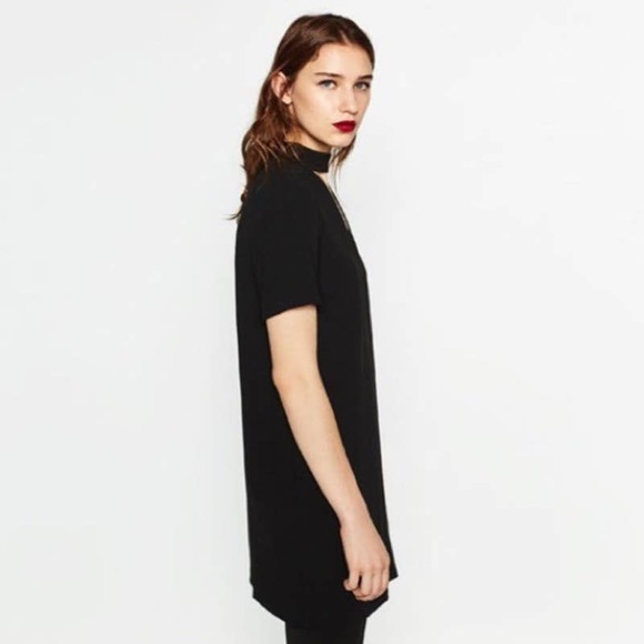 ZARA Plunge Choker Shift Dress Medium Black V-Neck Short Sleeve Back Zip #7289 - Picture 6 of 16